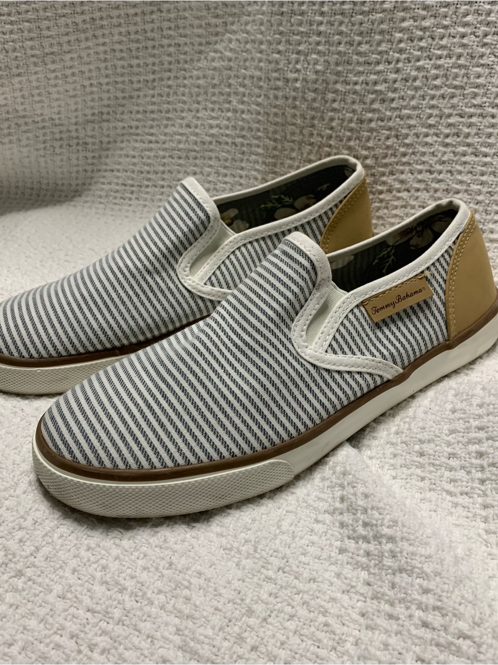 Tommy Bahama Navy & White Striped Canvas Slip-On Loafers with Tan Accent